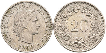Швейцария 20 раппенов 1960 В KM 29a медно-никель 55-754