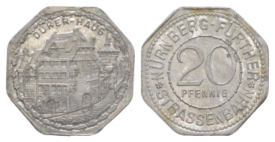 Нюрнберг трамвайный (транспортный) жетон в 20 пфеннигов ND (1920-1921) Дом-музей Men05 19256.8, Men18 24102.8 алюминий aUNC 4638-243
