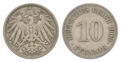 Германия 10 пфеннигов 1900 E, Вильгельм II (1888-1918) KM 12, J. 13 медно-никель 4640-246