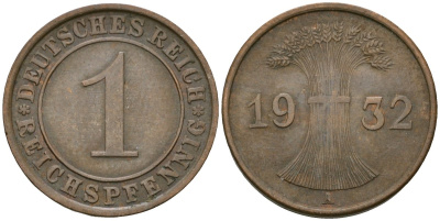 Германия 1 рейхспфенниг 1932 A KM 37, J. 313 бронза 4189-1148