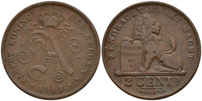 Бельгия 2 сантима 1911 Belgen KM 65 медь    4187-415