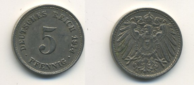 ГЕРМАНИЯ 5 ПФЕННИГОВ 1914 G KM 11, J. 12 медно-никель 54-655