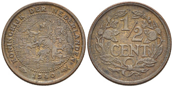 НИДЕРЛАНДЫ 1/2 ЦЕНТА 1940 ВИЛЬГЕЛЬМИНА (1890-1948) KM 138 бронза 4525-1253