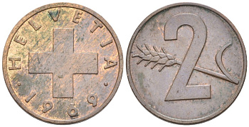 Швейцария 2 раппена 1969 В KM 47 бронза 4576-919