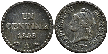 ФРАНЦИЯ 1 САНТИМ 1848 A, ВТОРАЯ РЕСПУБЛИКА (1848-1852) KM 754 бронза 4392-666