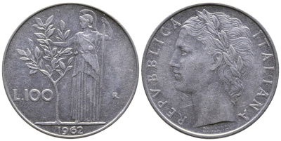 ИТАЛИЯ 100 ЛИР 1962 R, АФИНА KM 96.1 сталь 93-542
