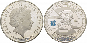 Великобритания 5 фунтов 2009 Елизавета II (1952-2022), XXX летние Олимпийские Игры, Лондон 2012 - Обратный отсчет «3», Плавание KM 1121a, Spink LO33 серебро PROOF 1077-6-22