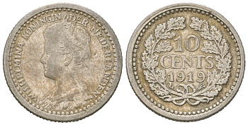 Нидерланды 10 центов 1919 Вильгельмина (1890-1948) KM 145 серебро 4611-223