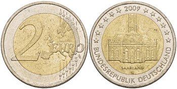 ФРГ 2 евро 2009 G, серия Федеральные земли, Саарланд, церковь Святого Людвига в Саарбрюккене KM 276 биметалл 4543-444