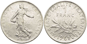 ФРАНЦИЯ 1 ФРАНК 1968 СЕЯТЕЛЬ KM 925.1, LE FRANC 226.13 никель 175-525