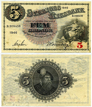 Швеция 5 крон 1946 король Густав I Pick 33ac бумага 7221-14-3-1