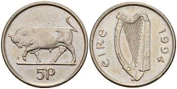 Ирландия 5 пенсов 1994 бык KM 28 медно-никель 4174-853