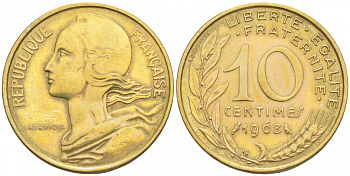 ФРАНЦИЯ 10 САНТИМОВ 1968 ТИП MARIANNE KM 929, LE FRANC 144.8 алюминиевая бронза 44-969