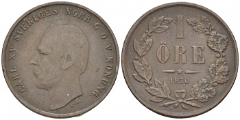 Швеция 1 эре 1870 Карл XV (1859-1872) KM 705 (490) бронза 3309-764