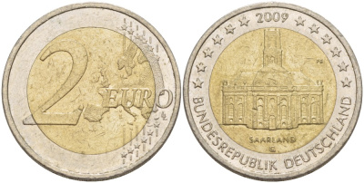 ФРГ 2 евро 2009 G, серия Федеральные земли, Саарланд, церковь Святого Людвига в Саарбрюккене KM 276 биметалл 4543-444