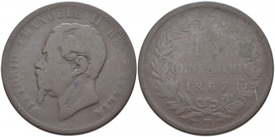 Италия 10 чентезимо 1867 T, Виктор Эммануил II (1861-1878) KM 11.6 медь 114-631