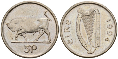 Ирландия 5 пенсов 1994 бык KM 28 медно-никель 4174-853
