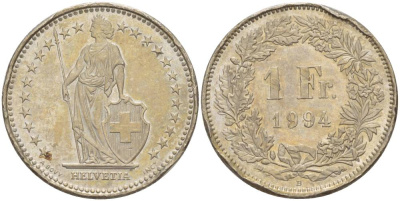 ШВЕЙЦАРИЯ 1 ФРАНК 1994 В KM 24а.3 медно-никель 4551-855