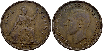 Великобритания 1 пенни 1948 Георг VI (1936-1952) KM 845, Spink 4114 бронза 4380-645