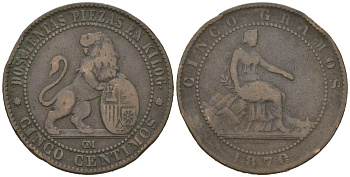 Испания 5 сентимо 1870 ОМ, лев со щитом KM 662 бронза 92-1026