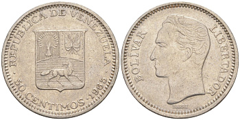 Венесуэла 50 сентимо 1965 Симон Боливар KM 41, Schon 51 никель 186-823