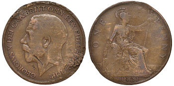 Великобритания 1 пенни 1921 Георг V (1910-1936) KM 810, Spink 4051 бронза 4123-1012