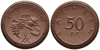Саксония 50 пфеннигов 1921 виноград и лопата J. N 54 фарфор UNC 1094-8-53