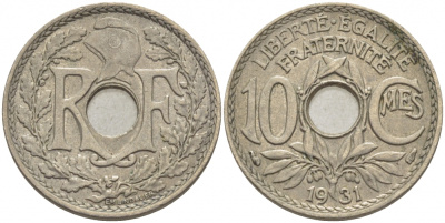 ФРАНЦИЯ 10 САНТИМОВ 1931 ТИП ЛИНДАЙЁ KM 866а, LE FRANC 138.18 медно-никель 4448-226