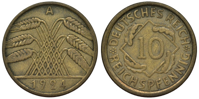 Германия 10 рейхспфеннигов 1924 A KM 40, J. 317 алюминиевая бронза 4121-854