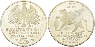 ФРГ 5 марок 1979 J, 150 лет со дня основания археологического института KM 150, J.425 серебро 3855-632