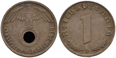 Германия 1 рейхспфенниг 1939 D KM 89, J 361 бронза 4136-1148
