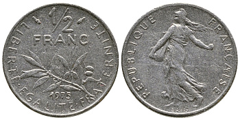 ФРАНЦИЯ 1/2 ФРАНКА 1975 KM 931.1 никель 93-1416
