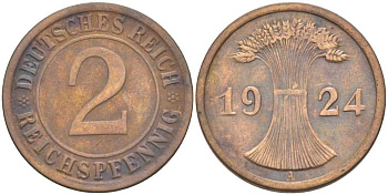 ГЕРМАНИЯ 2 РЕЙХСПФЕННИГA 1924 A KM 38, J. 314, Weege 4 бронза 206-855