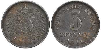 ГЕРМАНИЯ 5 ПФЕННИГОВ 1918 F KM 19, J. 297 железо 45-1152