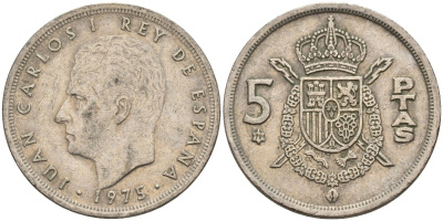 Испания 5 песет 1975 (79) Хуан Карлос I (1975-2014) KM 807 медно-никель 4155-645