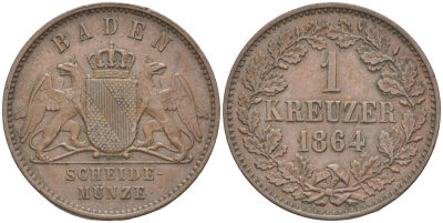 Баден 1 крейцер 1864 Великий Герцог Фридрих I (1856-1907) KM 242, ASK 132, J.81 медь 4388-411