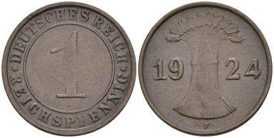 Германия 1 рейхспфенниг 1924 F KM 37, J.313, Weege 2 медь 4585-551