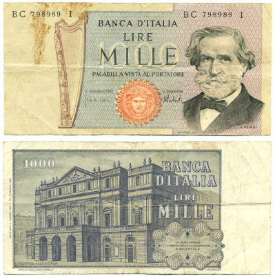Италия 1000 лир 1975 Джузеппе Верди, Милин Ла Скала Pick 101d бумага 7484-17-2-2