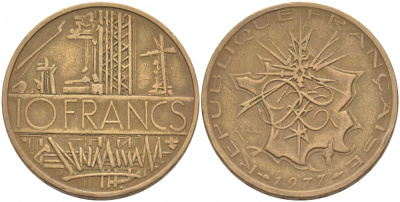 Франция 10 франков 1977 тип Матье KM 940, Le Franc 365.9-10 никель латунь 4402-1141