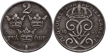Швеция 2 эре 1944 Густав V (1907-1950) KM 811 железо 27-546