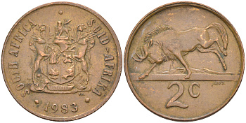 ЮАР 2 цента 1983 герб, антилопа гну KM 83 бронза 175-1053