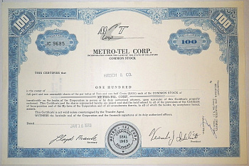 США, METRO-TEL CORP. 100 АКЦИЙ 1970 США бумага 00-00