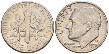 США 10 ЦЕНТОВ = 1 ДАЙМ 1977 D, РУЗВЕЛЬТ KM 195а медь плакированная медно-никелем 187-1053