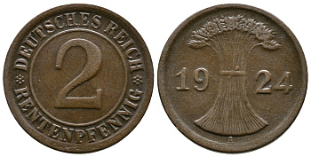 ГЕРМАНИЯ 2 РЕНТЕНПФЕННИГА 1924 A KM 31, J.307 бронза 86-1221