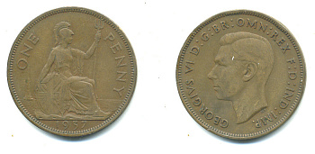 Великобритания 1 пенни 1937 Георг VI (1936-1952) KM 845, Spink 4114 бронза 4383-715