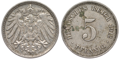 Германия 5 пфеннигов 1912 D, KM 11, J. 12 медно-никель 25-2456