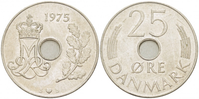 Дания 25 эре 1975 S; B, Маргрете II (1972- ) KM 861.1 медно-никель 4402-1247