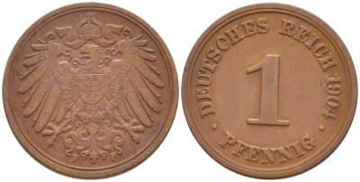 ГЕРМАНИЯ 1 ПФЕННИГ 1904 F KM 10, J. 10, Weege 2 медь 211-317