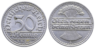 ГЕРМАНИЯ 50 ПФЕННИГОВ 1920 А KM 27, J. 301 алюминий 4380-541