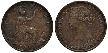 Великобритания 1 фартинг 1868 Виктория (1837-1901) KM 747.2, Spink 3958 бронза 4114-746